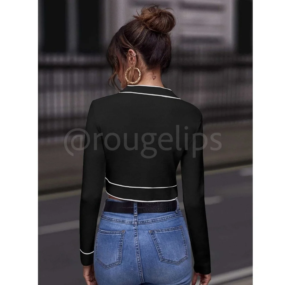 Black Cropped Cardigan Contrast White Binding Button Front - Picture 4 of 7